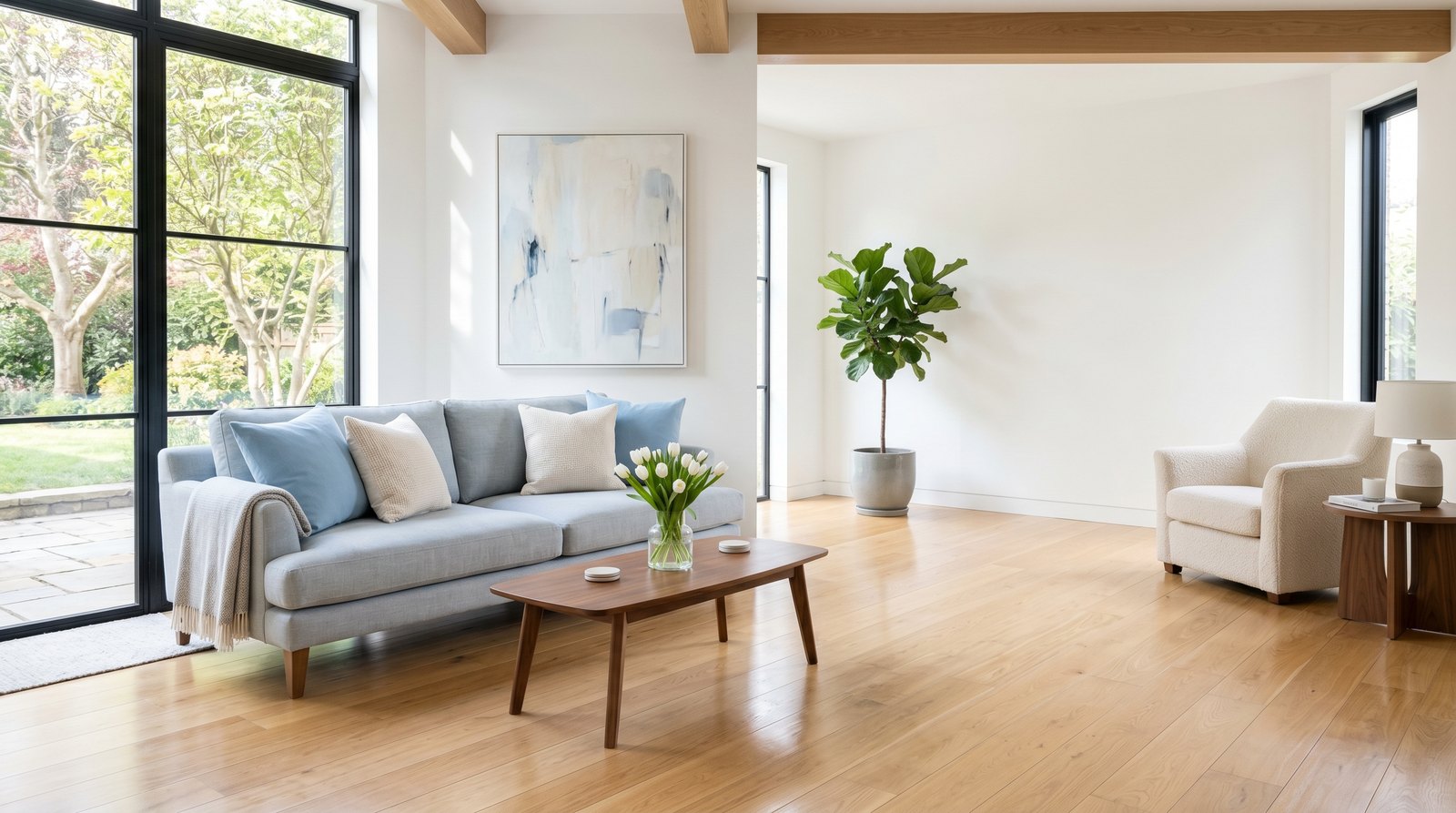 Bright, spotless living room cleaned by Majestic Clean House in Newport News, VA